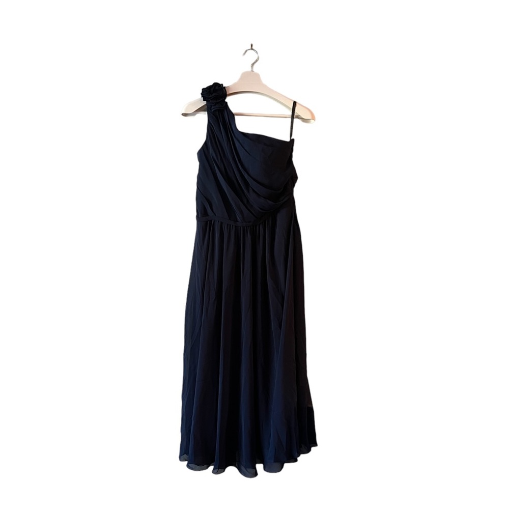 Gather & Gown navy blue one shoulder long dress with flower detail. Size 10